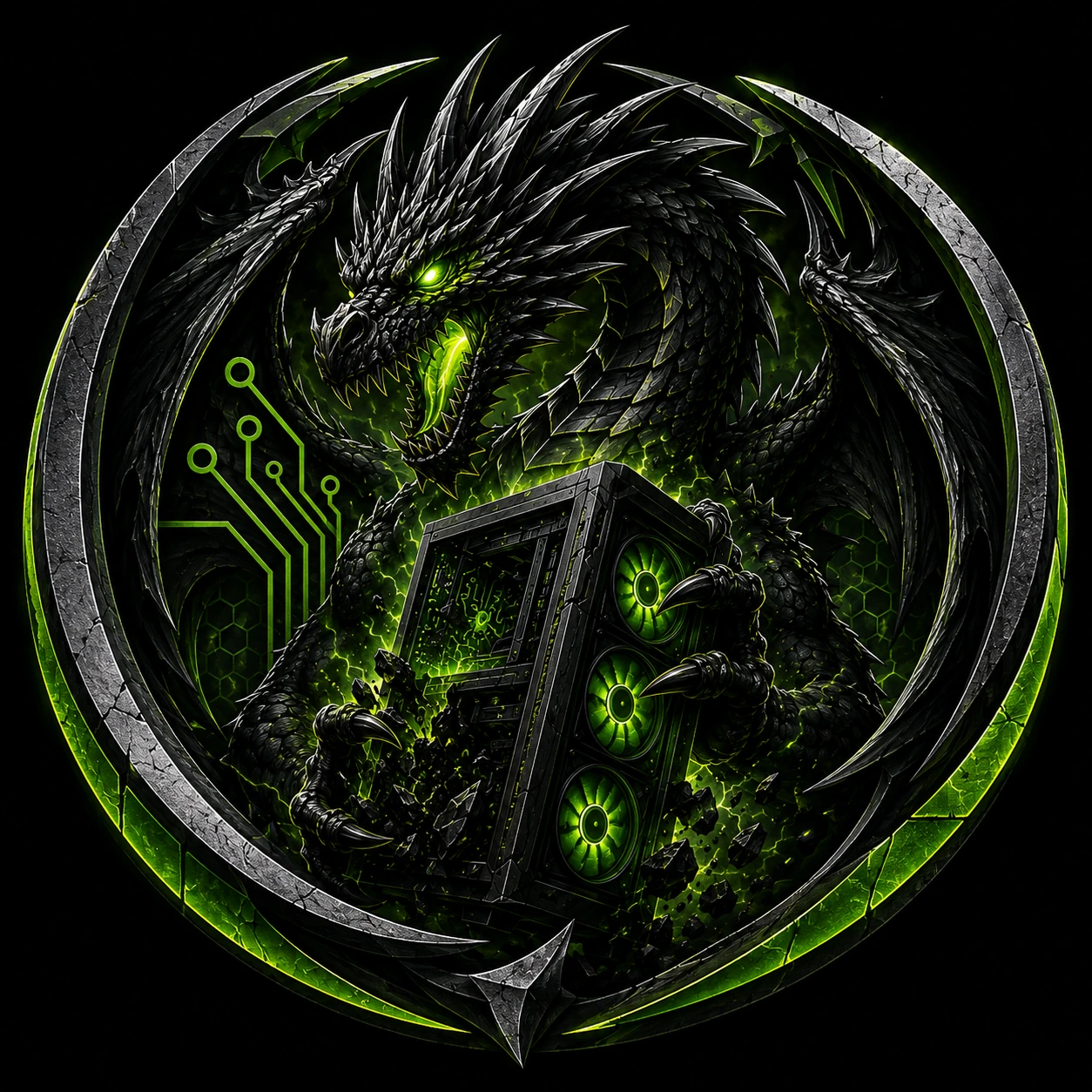 Black dragon with neon green highlights beside a performance computer
